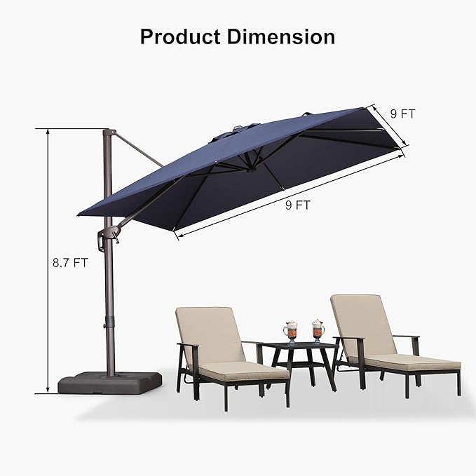 PURPLE LEAF 9 Feet Patio Umbrella Square Cantilever Umbrella Outdoor with 360° Rotation and Aluminum Offset Hanging for Pool Deck Garden Backyard, Navy Blue