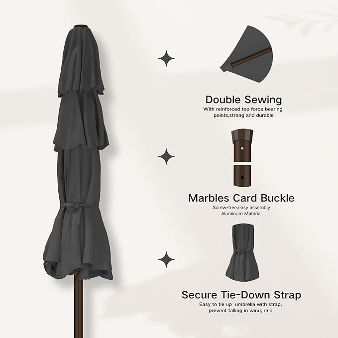 Kingdura 9ft 3-Tier Patio Umbrella with Solar Lights, Table Umbrella Outdoor Patio with Easy Crank & Tilt, 8 Sturdy Ribs, UV Protection, 32 LED Lights for Deck, Poolside, Market (Grey)