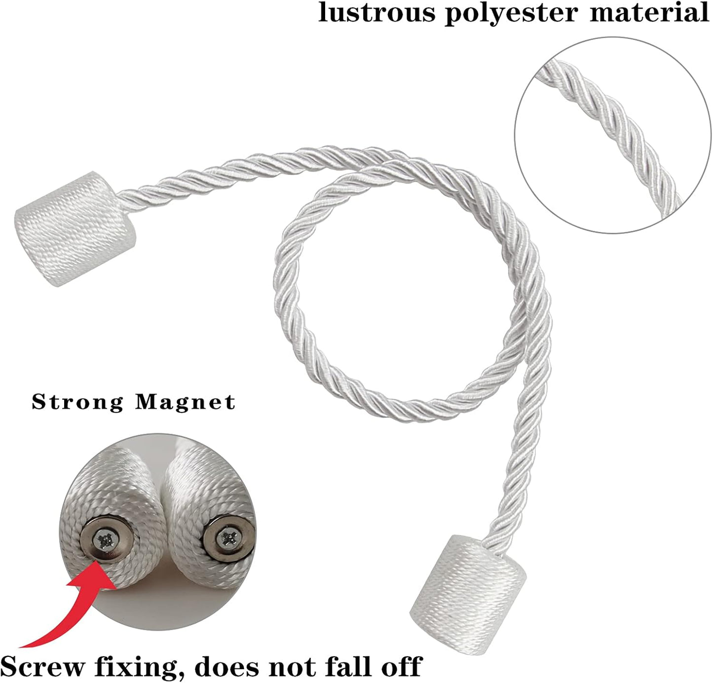 2 Pack White Strong Magnetic Curtain Tiebacks Outdoor Elegant Decorative Tie Backs Modern Rope Tiebacks for Drapes Window Curtain Holdbacks for Draperies
