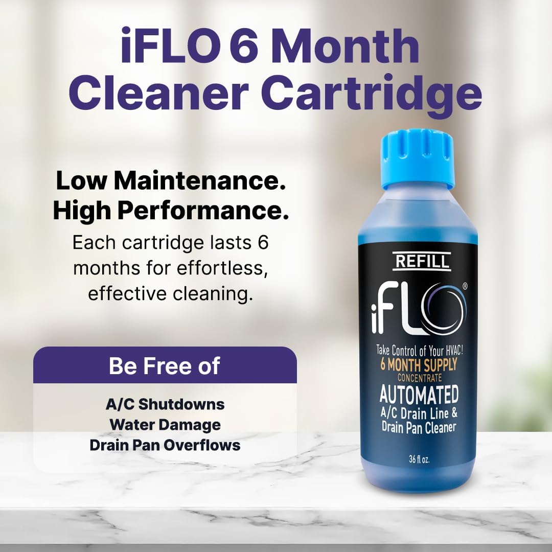 iFLO® Smart A/C Drain Line Cleaner and Drain Pan Cleaner Cartridge Concentrate, Fast-Acting, Long-Lasting HVAC System Solution for Tough Clogs & Buildup, 6-Month Supply per Bottle, 1 Pack of 36oz