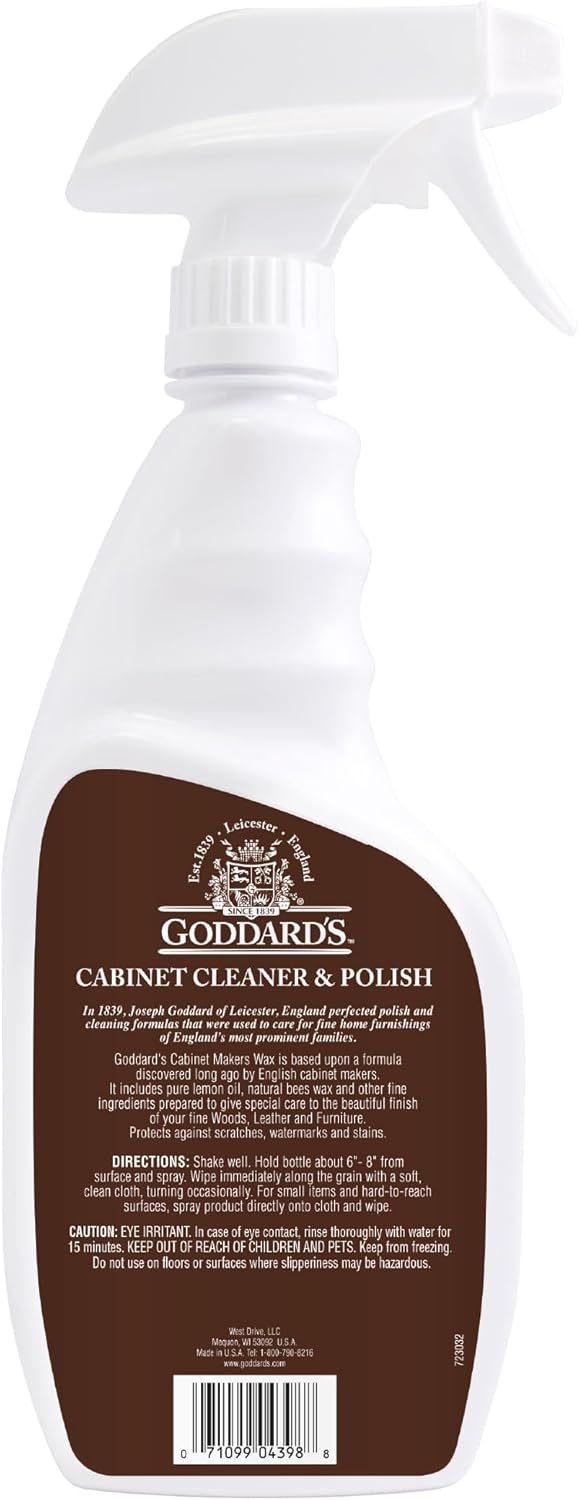 Goddard's Cabinet & Wood Wax Spray, Wood Cleaner & Furniture Polish, Wood Conditioner with Beeswax and Lemon Oil, Shine & Stain Protection, 23 oz