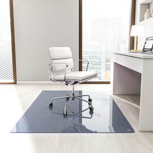 [Tempered Glass] 46" x 55" Glass Chair Mat, Heavy Duty Hard Tempered Glass Mat with Round Corner and Polished Edge, Transparent Glass Office Chair Mat for Office and Home Hard Floor or Carpeted, Grey