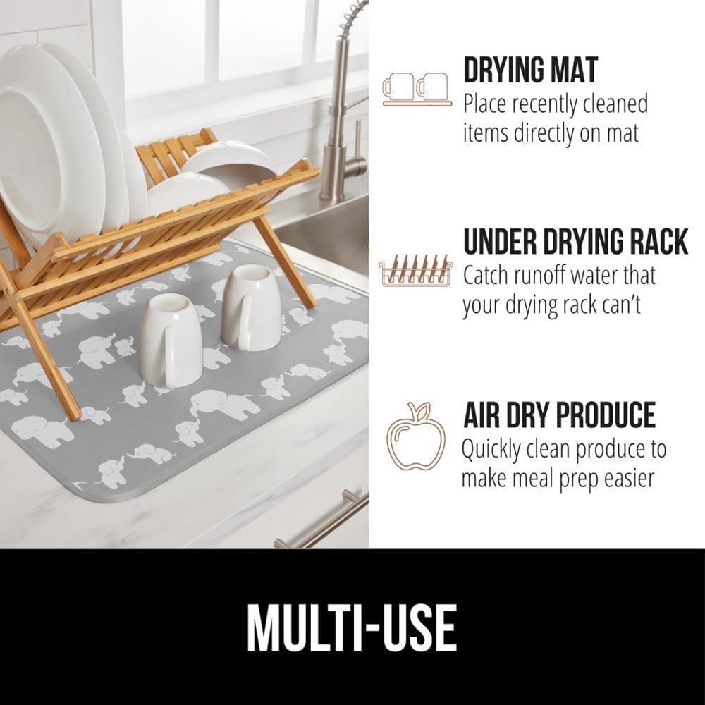 GORILLA GRIP Ultra Water Absorbent Microfiber Dish Drying Mat, Quick Dry Thick Mesh, Slip Resistant Pad for Sink Dishes or Under Rack, Kitchen Counter Accessories, 16x18, Machine Wash Mats, Elephants