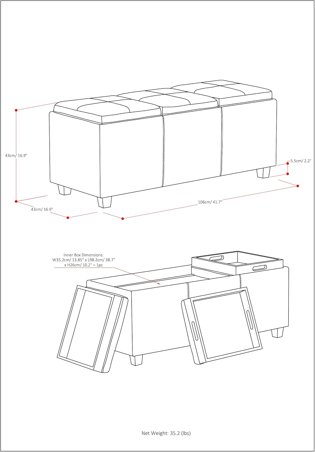 SIMPLIHOME Avalon 42 inch Wide Contemporary Rectangle Storage Ottoman in Distressed Grey Taupe Vegan Faux Leather, Assembled, for the Living Room, Entryway and Family Room