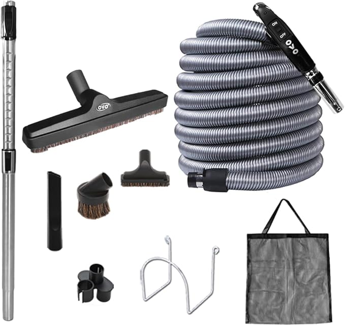 OVO Central Vacuum Deluxe, 35ft ON/OFF Low-voltage Hose, 12’’ premium floor brush, cleaning tools and easy storage accessories, For hard surfaces