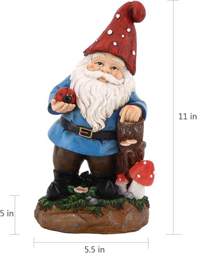 Topadorn Garden Gnome Statue LED Light Solar Energy Gnome Figurine with Ladybug on Hand Mushroom for House, Lawn Decor 11 Inch