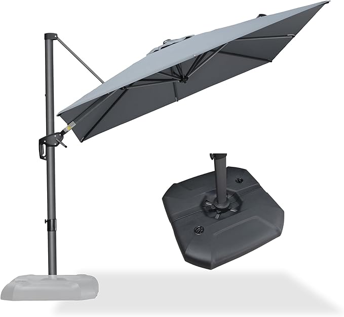 PURPLE LEAF 8 Feet Square Cantilever Umbrella Patio Umbrella with Base Outdoor Umbrella Aluminum Offset with 360-degree Rotation for Garden Deck Pool Patio Light Grey
