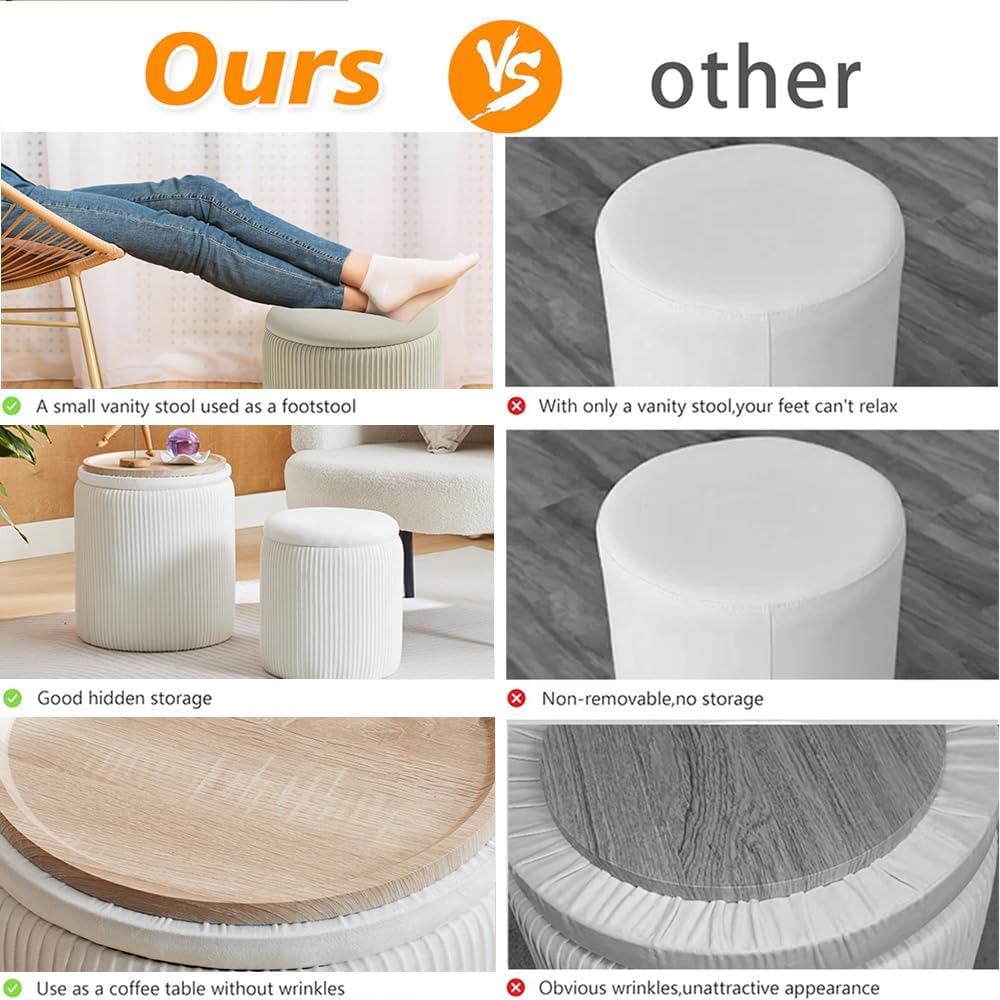 Round Ottoman with Storage Set of 2-Upholstered Velvet Vanity Stool for Makeup Multifunctional Ottomans Coffee Table Padded Seat Foot Rest for Living Room&Bedroom (White-Upgrade Tray Lid)