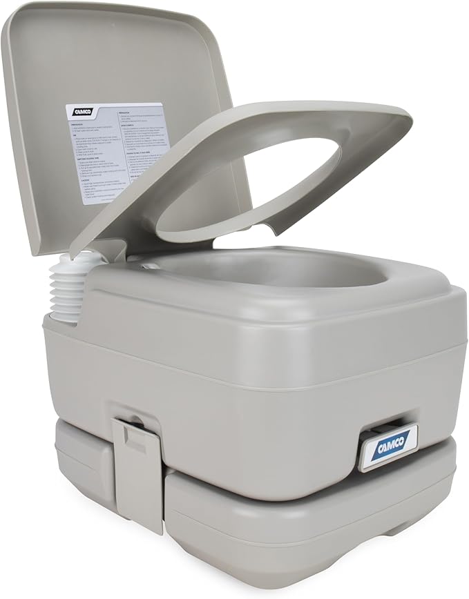 Camco 2.6-Gallon Portable Toilet - Features Detachable Holding Tank w/Sealing Slide Valve & Bellow-Type Flush - Easy Transport w/Compact Lightweight Design & Carry Handle - Gray (41531)