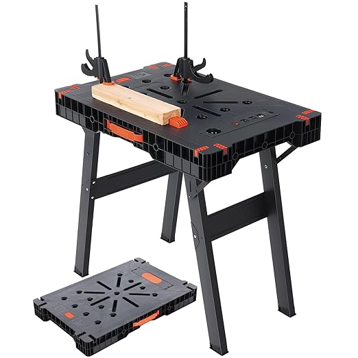 Express Folding Work Table Easy Setup Portable Workbench with 1000lbs Load Capacity Lightweight Versatile Workstation with 2 Clamps, 2 Clamp Dogs, Power Strip for Garage Workshop Home