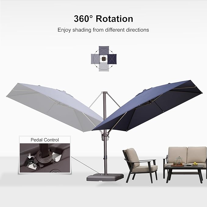 PURPLE LEAF 10 Feet Patio Cantilever Umbrella Square Outdoor Umbrella with 360° Rotation and Aluminum Offset Hanging for Garden Backyard Pool, Navy Blue