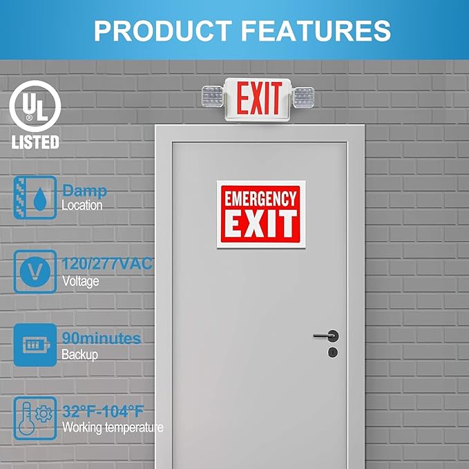 Double Sided LED Emergency EXIT Sign, Exit Combo Remote Capable, Two LED Lights, Backup Battery, US Standard Red Letter, Commercial Grade, 120-277V, FireResistant(UL 94V-0) - 1 Pack
