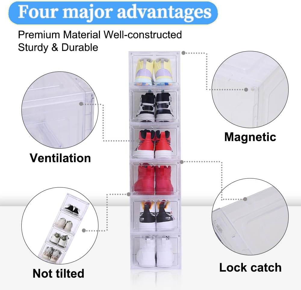 8 Pack Shoe Boxes Clear Plastic Stackable, Drop Front Shoe Storage Organizer for Closet, Sneaker Storage with Magnetic Door, Shoe Display Containers Fit US Size 12 (13.4”x 10.6”x 7.5”) Clear
