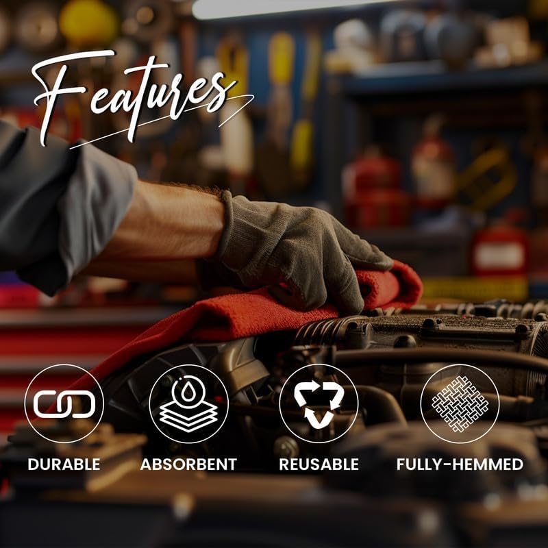 Shop Towels (Red, 1000-Pack) - Bulk Cleaning Towel in a Bag, Mechanic Cotton Wipes for Car Maintenance, Auto Mechanics & Garage, Wipe Grease & Oil, Machine Wash & Reusable