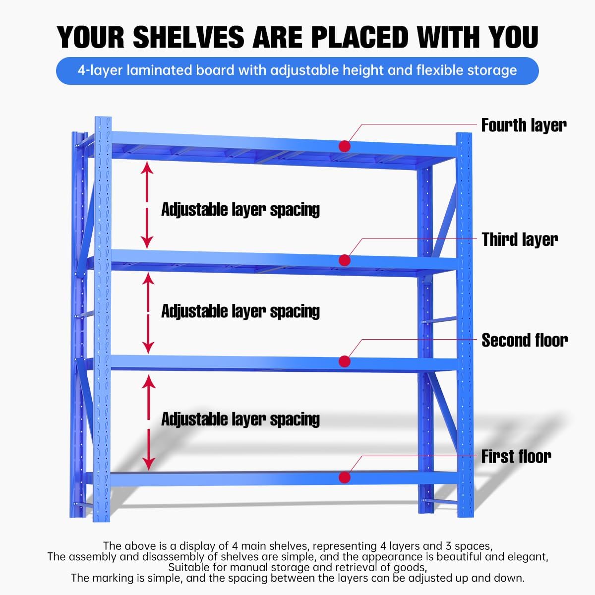 Storage Shelves Heavy Duty, Metal Garage Shelving Units, 4 Tier Storage Rack Shelf, Steel Industrial Shelving, Adjustable Standing Shelf for Basement/Warehouse (Blue, W47.24*D19.69*H78.74)