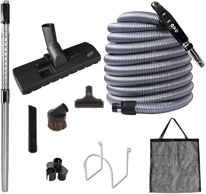 Ovo Central Vacuum Standard Accessories Kit, With 30ft Low-Voltage hose, ON/OFF Switch Control at the handle, 12’’ Combo brush and accessories, For hard surfaces and carpets