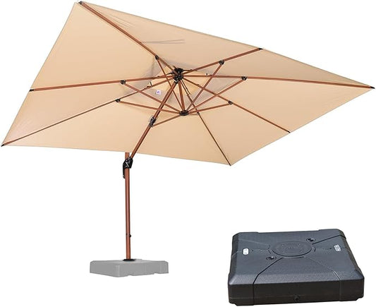 PURPLE LEAF 10' X 13' Double Top Deluxe Wood Pattern Rectangle Patio Umbrella with Base Offset Hanging Umbrella Outdoor Market Umbrella Garden Umbrella, Beige