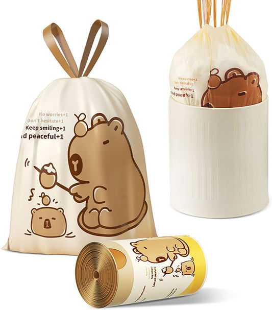 VOK 4 Gallon Trash Bags with Capybara Printed, Drawstring Small Garbage Bags, Tear-Resistant & Odor-Control Bathroom/Kitchen Trash Can Liners, Bathroom Trash Bags with Secure Tie, 50 Counts