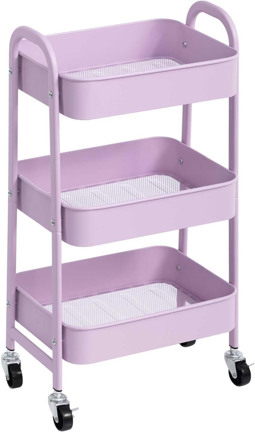 AGTEK Makeup Cart, Movable Rolling Organizer Cart, 3 Tier Metal Utility Cart with Lockable Wheels for Home & Office, Purple