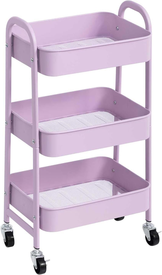 AGTEK Makeup Cart, Movable Rolling Organizer Cart, 3 Tier Metal Utility Cart with Lockable Wheels for Home & Office, Purple