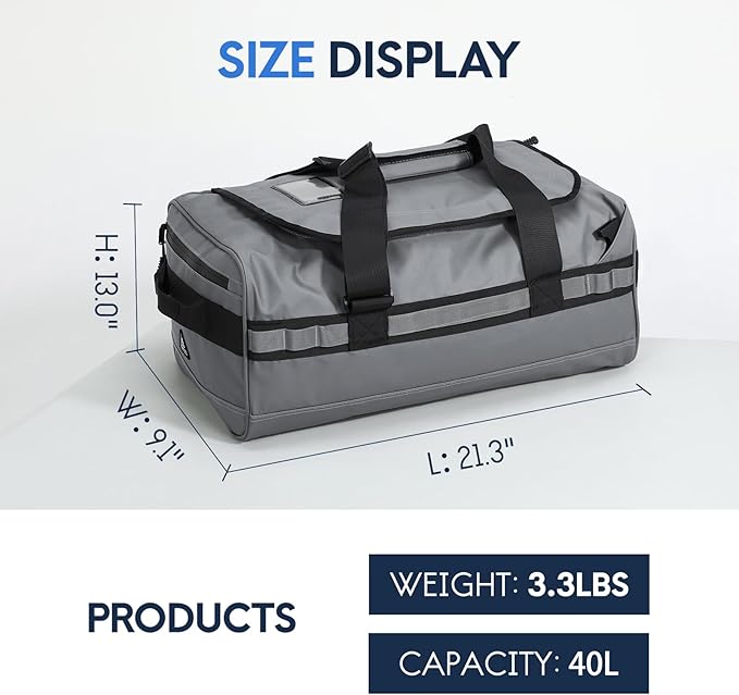 Haimont Mens Duffle Backpacks for Traveling, Convertible Gym Duffel Bag with Backpack Straps, Camping, Overnight Trip, Weekend, Sports Gear Carry-on Bag for Women, Hiking, 40L, Grey