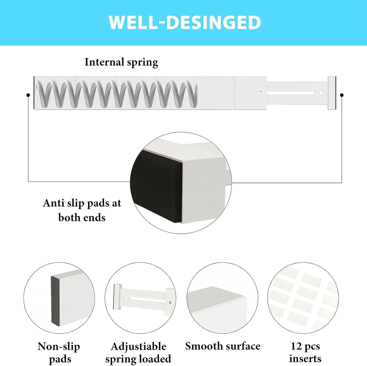 6 Pack Bamboo Drawer Dividers with 12 Inserts, Expandable Adjustable Clothes Drawer Organizers and Storage from 17" to 22" for Kitchen, Bedroom, Dresser, Cosmetics (White)