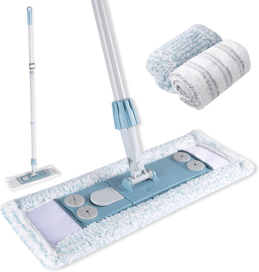 Dust Mop for Floor Cleaning,Magnetic Floor Flat Mop with 2 Washable Pads -Extendable 64‘’ Iron Handle for Hardwood Tile Marble Laminate Floors,Blue&Gray