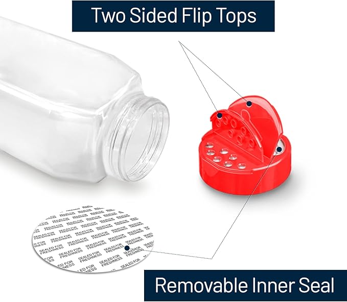 RoyalHouse 6 Pack 32 Oz Plastic Spice Jars with Red Cap, Clear and Safe Plastic Bottle Containers with Shaker Lids for Storing Spice, Herbs and Seasoning Powders, BPA Free, Made in USA