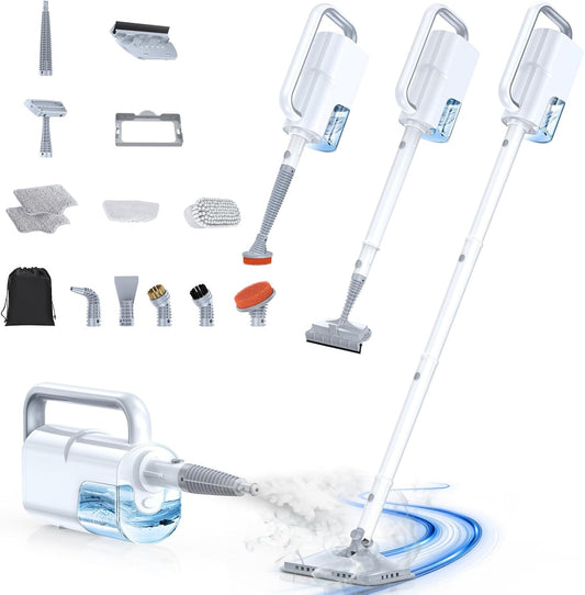 ScrubWiz Steam Mop Cleaner with Detachable Handheld Steamer, 10-in-1 Multi Accessories, Washable Microfiber Pads, 350ml and 2 Adjustable Level for Cleaning Floor, Carpet, Tile, Grill and Grout, White