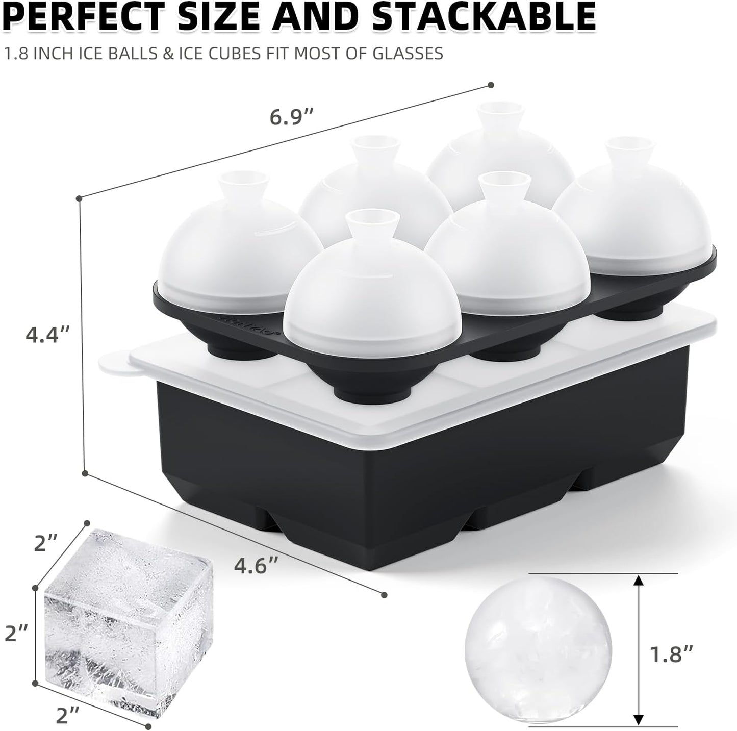 HONYAO Whiskey Cocktail Ice Mold, Easy Fill and Release Silicone Round Ice Ball Maker Mold Large Square Ice Cube Tray with Lid - 6 Ice Balls + 6 Ice Cubes Black