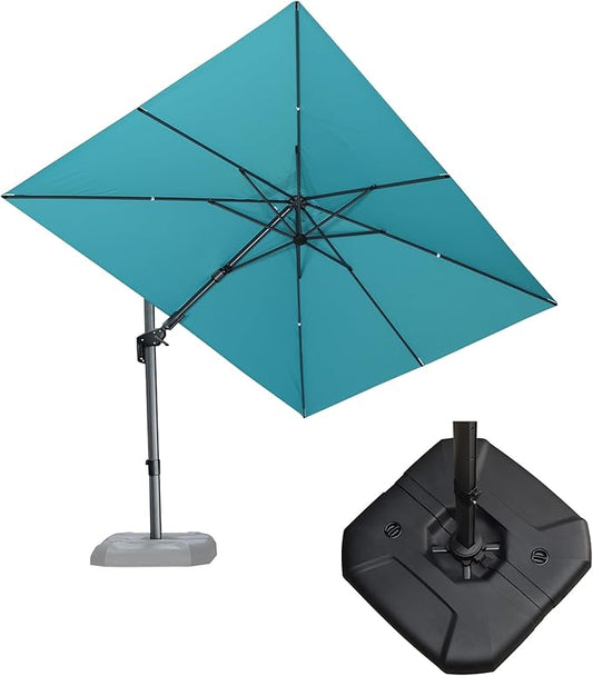 PURPLE LEAF 8.2' X 11.5' Tilting Patio Umbrella with Base Outdoor Cantilever Swivel Rectangle Umbrella Aluminum Offset Umbrella with 360-degree Rotation for Garden Deck Pool Patio Turquoise Blue