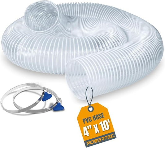 POWERTEC 4" x 10' Flexible PVC Dust Collection Hose with 2pcs Stainless Steel Key Hose Clamps for Table Saw, Band Saw, Planer, Jointer, Woodworking and Garage, WoodShop Dust Collection System (70242)
