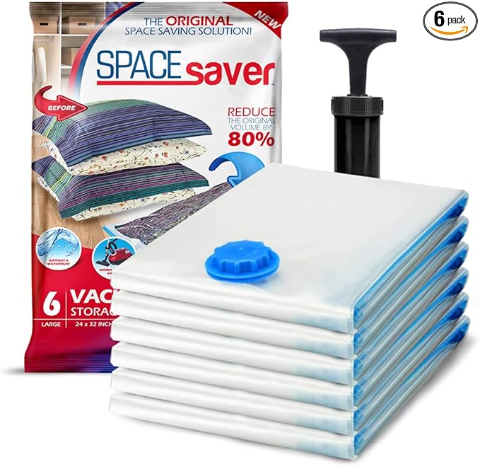 6 Pack Large Vacuum Storage Bags for Comforters, Blankets & Clothes – Vacuum Sealed Compression Bags with Hand Pump – Space Saver Storage Bags for Bedding, Moving, Travel & Organization