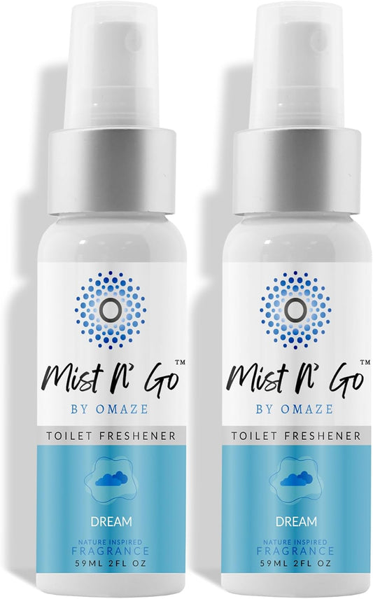 Mist N’ Go by Omaze Travel Bathroom Spray for Toilet Spray Odor Eliminator - Travel Toilet Spray for Bathroom Air Freshener Spray for Bathroom Deodorizer - Dream Regular Size (2oz x2)