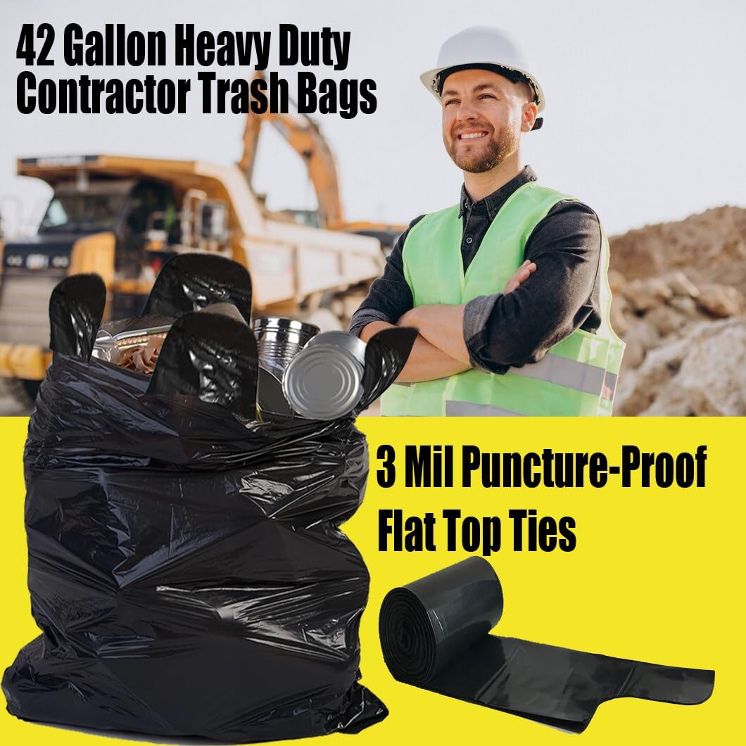 Contractor Heavy Duty Trash Bags 42 Gallon | 26 Count | 3 MIL | 32.8" X 46" | Large Black Flap Tie Construction Garbage Bags for Business Home Commercial, Industrial, Storage, Outdoor