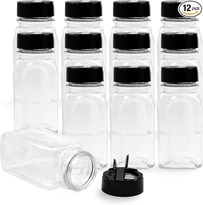 RoyalHouse 12 Pack 9.5 Oz Plastic Spice Jars with Black Cap, Clear and Safe Plastic Bottle Containers with Shaker Lids for Storing Spice, Herbs and Seasoning Powders, BPA Free, Made in USA