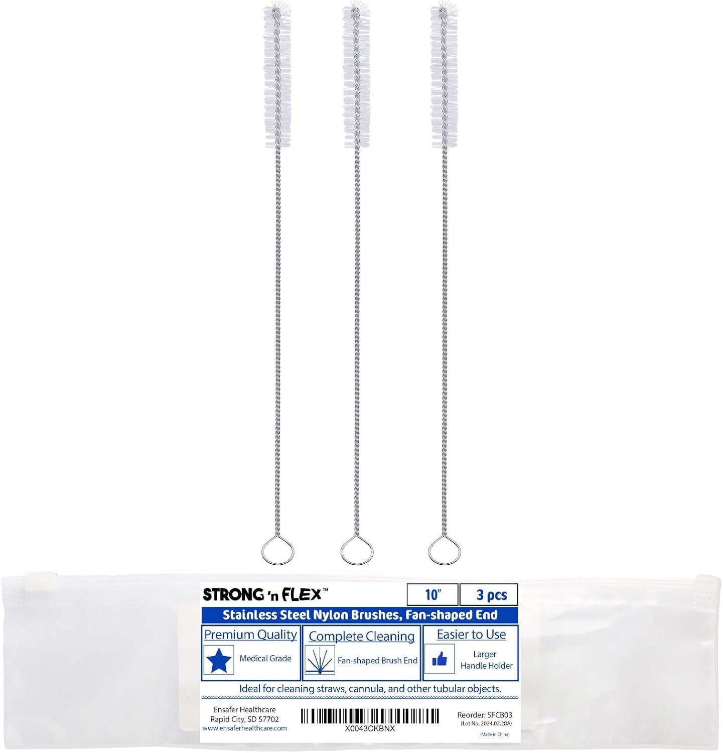 Strong 'n Flex Nylon Straw Cleaner Brushes – Fan-Shaped End for Tight Spaces, Ideal for Reusable Straws, Water Bottles, Sippy Cups & Pipes – Includes Zippered Pouch – 10" Long – Set of 3