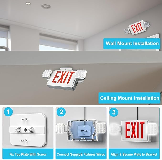 Double Sided LED Emergency EXIT Sign, Exit Combo Remote Capable, Two LED Lights, Backup Battery, US Standard Red Letter, Commercial Grade, 120-277V, FireResistant(UL 94V-0) - 1 Pack