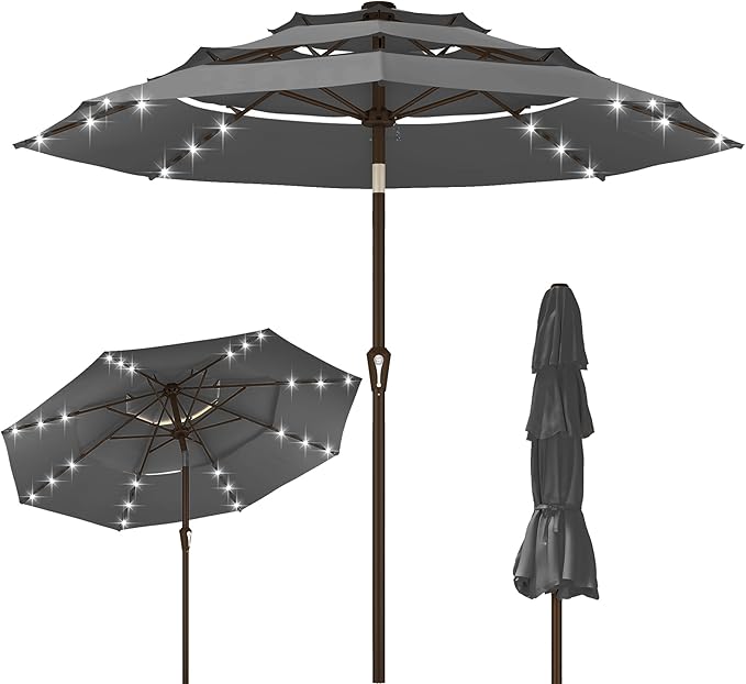 Kingdura 10ft 3-Tier Patio Umbrella with Solar Lights, Table Umbrella Outdoor Patio with Easy Crank & Tilt, 8 Sturdy Ribs, UV Protection, 32 LED Lights for Deck, Poolside, Market (Grey)