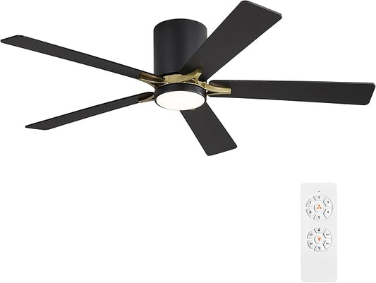 WINGBO 48" DC Flush Mount Ceiling Fan with Lights, 5 Plywood Blades, 6-Speed Reversible DC Motor, 3CCT, Low Profile Hugger Ceiling Fan for Living Room Bedroom Kitchen, Black and Brass