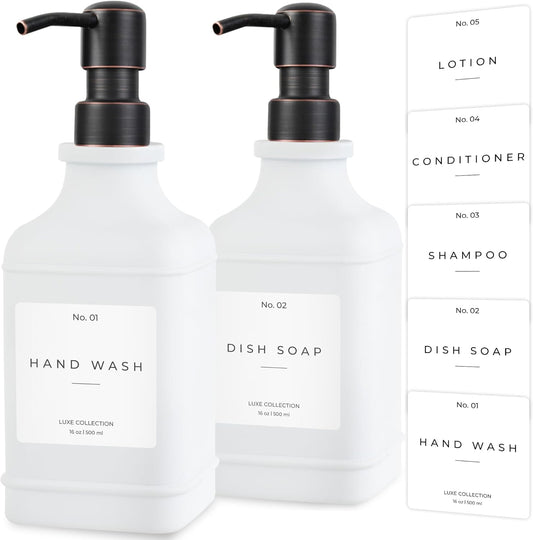 Emerson Essentials Soap Dispenser, Dish Soap Dispenser, Farmhouse Bottles, Hand Soap Dispenser, Kitchen Soap Dispenser Set - Glass Soap Dispenser with Pump and Labels, 16 Oz, 2 Pack