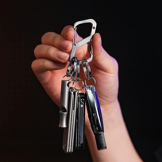 KeyUnity Stainless Steel Carabiner Mini Clips, Key Holder Organizer Keychain for Keys, Flashlight, Folding Knife & Whistles