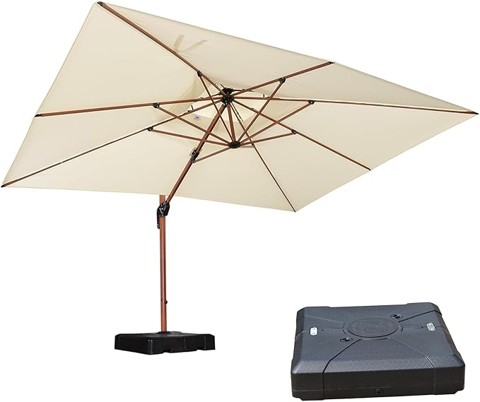 PURPLE LEAF 10' X 13' Double Top Deluxe Wood Pattern Rectangle Patio Umbrella with Base Offset Hanging Umbrella Outdoor Market Umbrella Garden Umbrella, Cream
