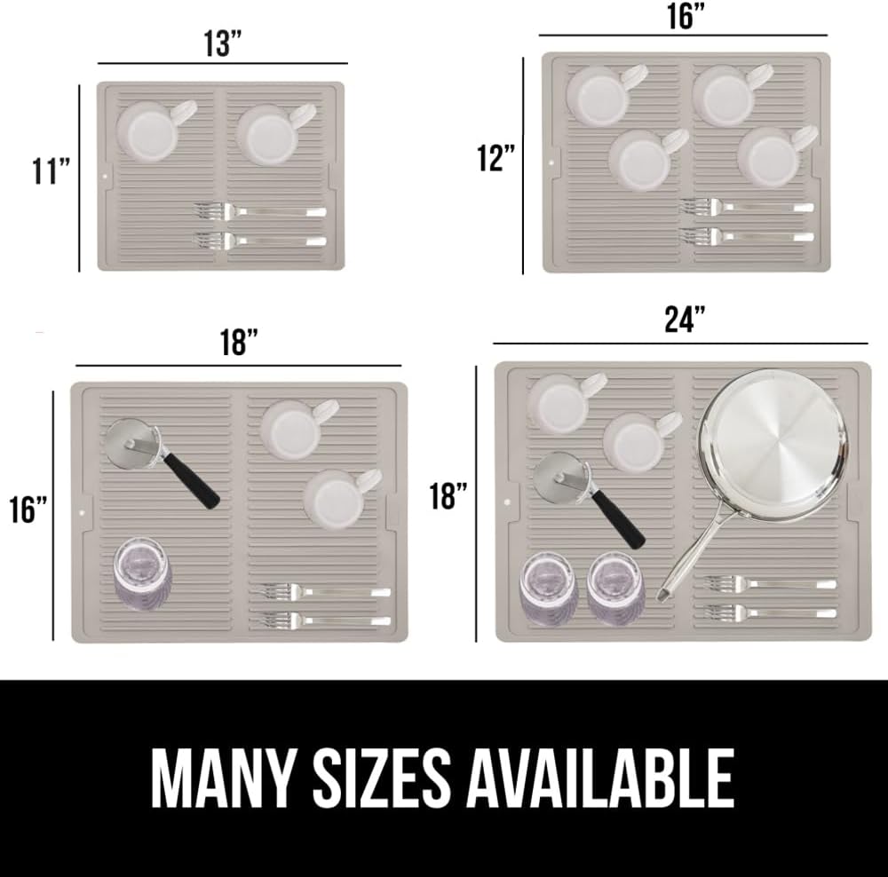 GORILLA GRIP 100% BPA-Free Patented Silicone Dish Drying Mat for Kitchen Counter, Water Catching Ribbed Design, Easy Clean Waterproof Sink Liner, Heat Resistant, Fits Under Rack, 16x12 Inch, Almond