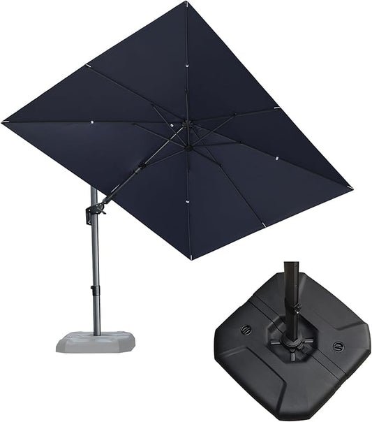 PURPLE LEAF 8.2' X 11.5' Tilting Patio Umbrella with Base Outdoor Cantilever Swivel Rectangle Umbrella Aluminum Offset Umbrella with 360-degree Rotation for Garden Deck Pool Patio Navy