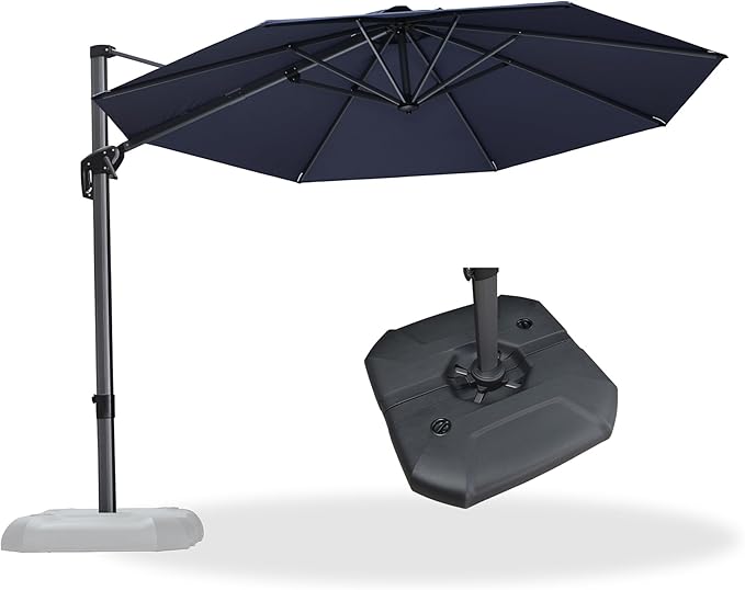 PURPLE LEAF 10 Feet Patio Umbrella With Base Outdoor Cantilever Round Aluminum Offset With 360-Degree Rotation for Deck Garden Pool Navy Blue