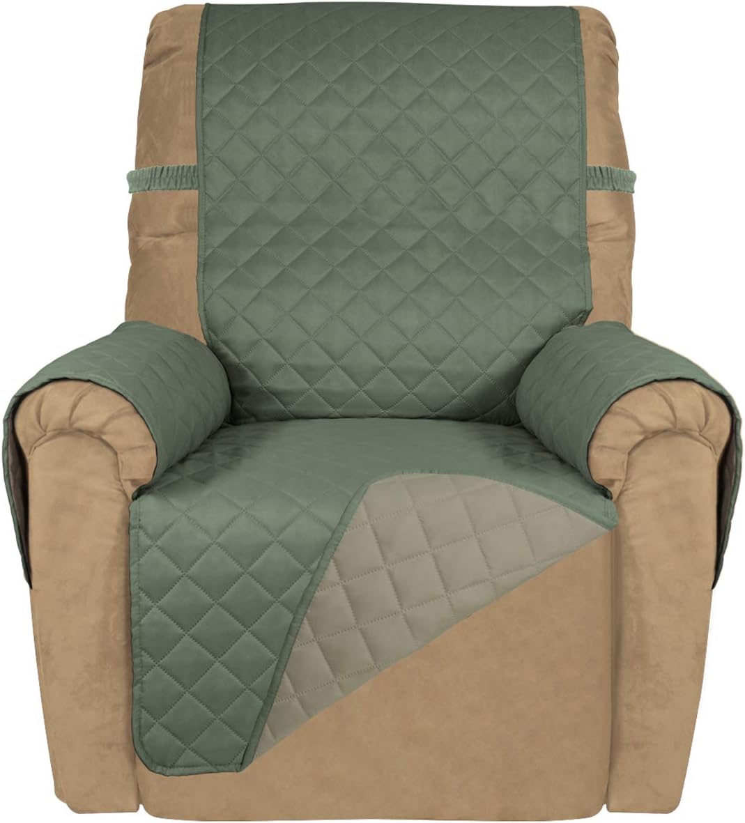 PureFit Reversible Quilted Recliner Sofa Cover, Water Resistant Slipcover Furniture Protector, Washable Couch Cover with Elastic Straps for Kids, Dogs, Pets (Small, Greyish Green/Beige)