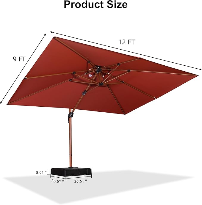 PURPLE LEAF 9' X 12' Double Top Deluxe Wood Pattern Rectangle Patio Umbrella with Base Offset Hanging Umbrella Outdoor Market Umbrella Garden Umbrella, Brick Red