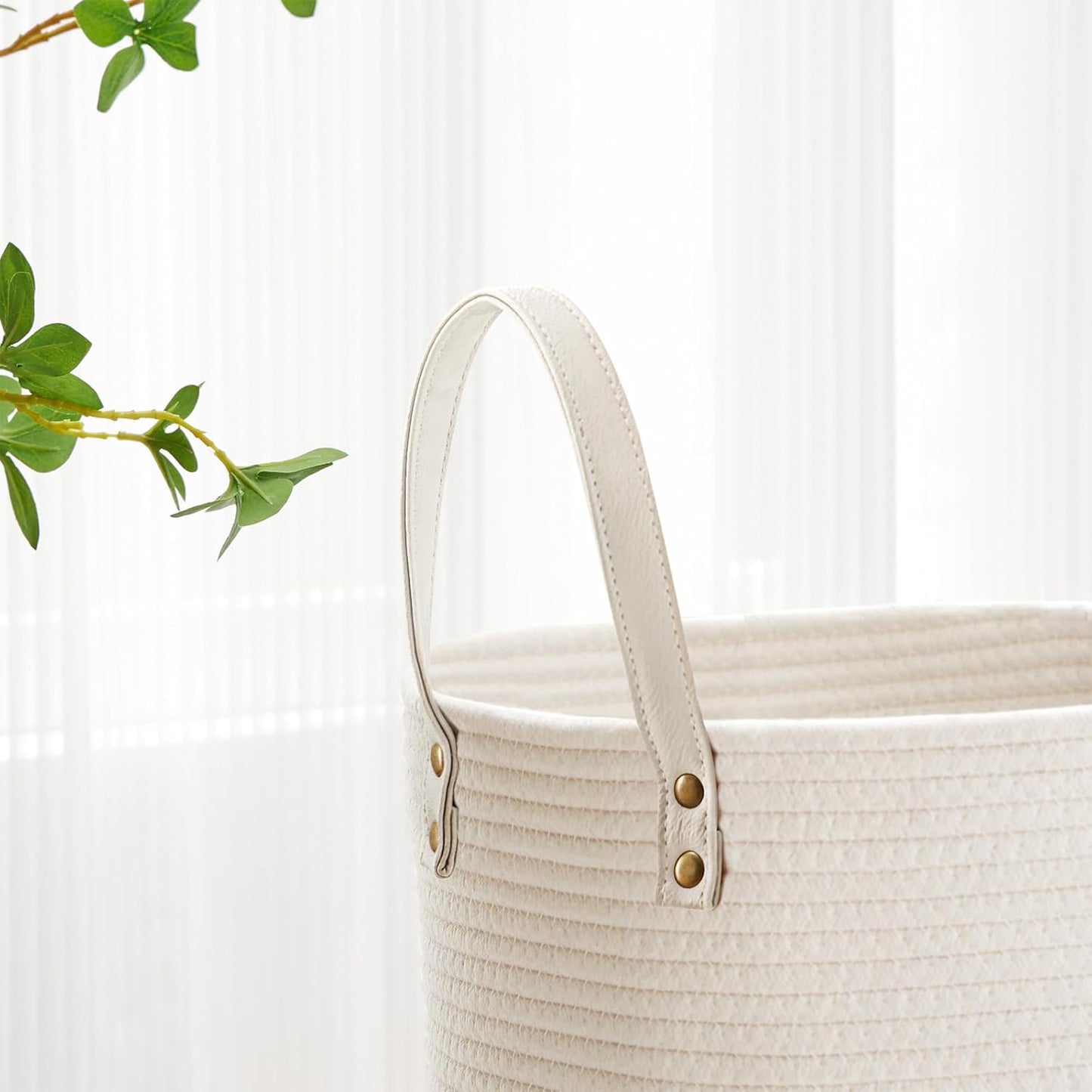 VIPOSCO Tall Laundry Basket, Large Dirty Clothes Hamper with Leather Handle, Woven Rope Storage Basket for Blanket, Toy In Living Room, Bathroom, Bedroom - 72L White