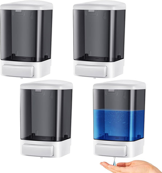 Hushee 4 Pcs Plastic Wall Mounted Soap Dispenser Commercial Manual Soap Containers Wall Dispenser for Kitchen Shower Hotel Liquid Shampoo Gel Chamber